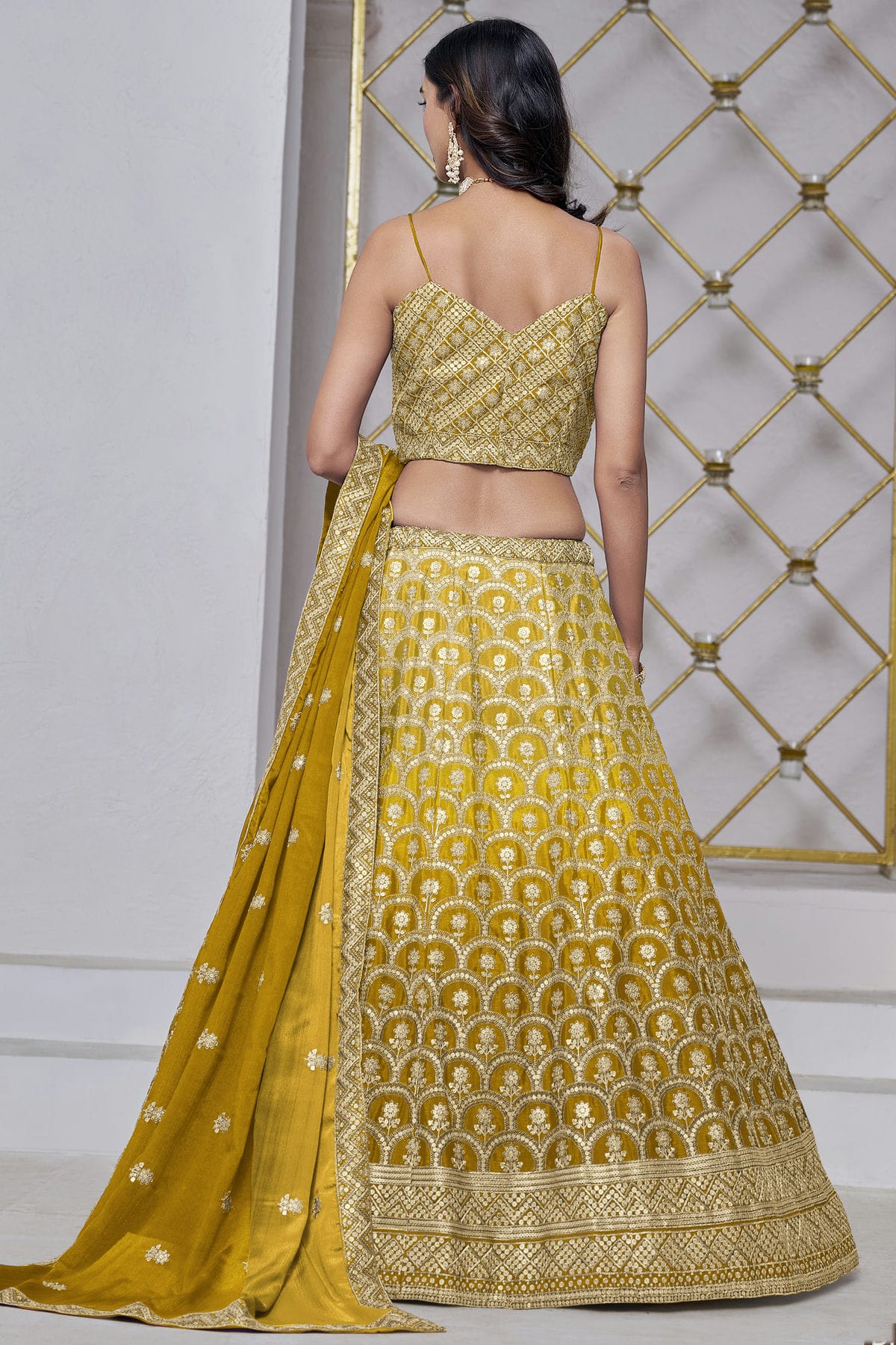 Mustard Colour Embroidery Lehenga Choli In Chinon Fabric
