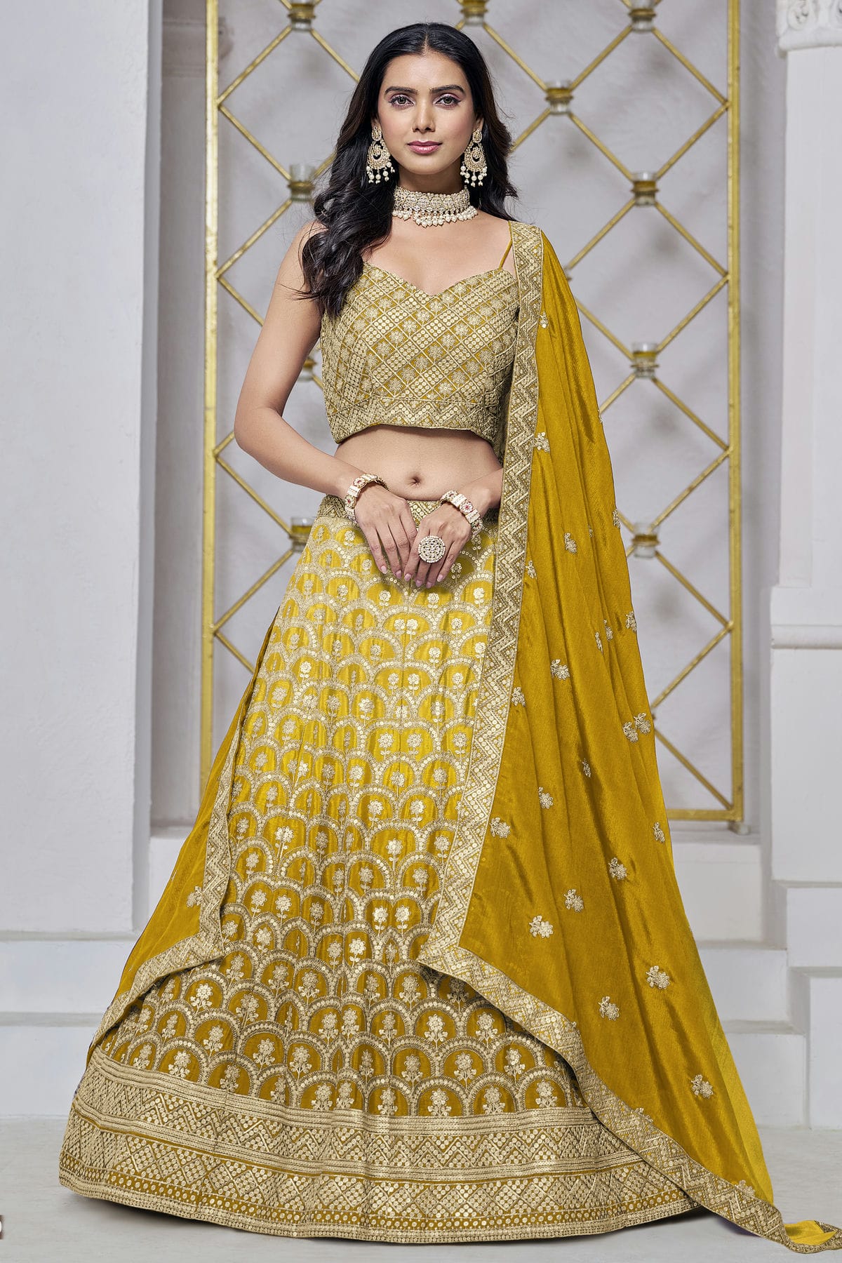 Mustard Colour Embroidery Lehenga Choli In Chinon Fabric