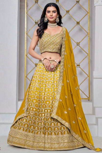 Mustard Colour Embroidery Lehenga Choli In Chinon Fabric