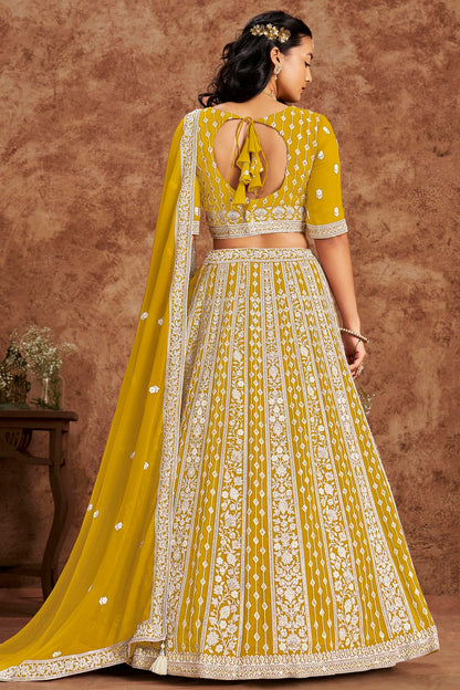 Mustard Colour Embroidery Lehenga Choli In Faux Georgette Fabric