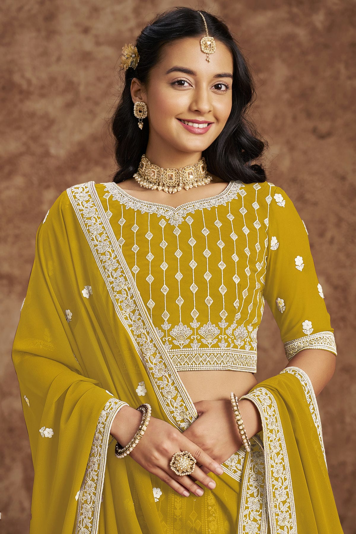 Mustard Colour Embroidery Lehenga Choli In Faux Georgette Fabric