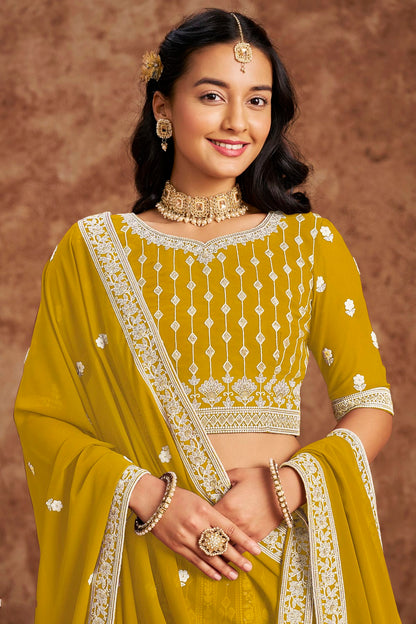 Mustard Colour Embroidery Lehenga Choli In Faux Georgette Fabric