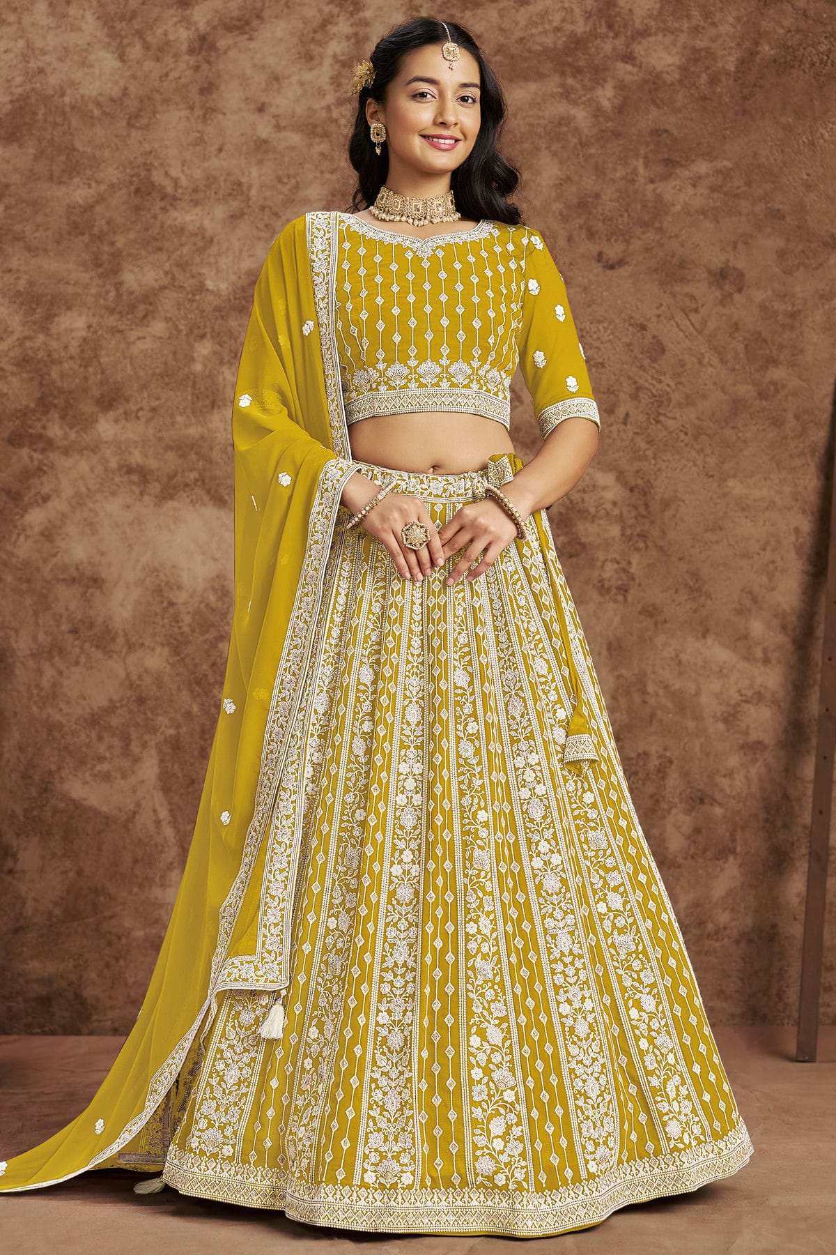 Mustard Colour Embroidery Lehenga Choli In Faux Georgette Fabric
