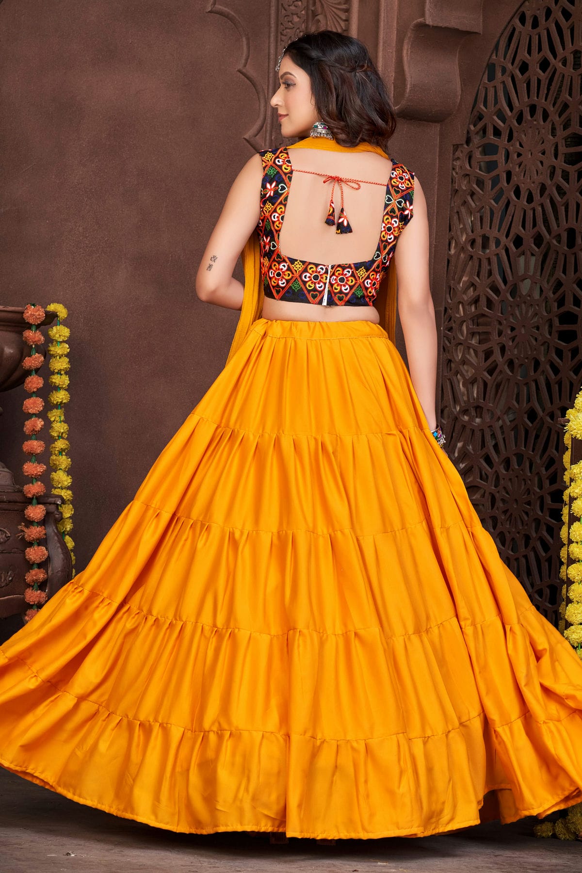 Mustard Colour Embroidery Work French Crepe Navratri Lehenga VSLD1170003