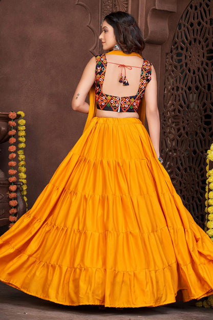 Mustard Colour Embroidery Work French Crepe Navratri Lehenga VSLD1170003