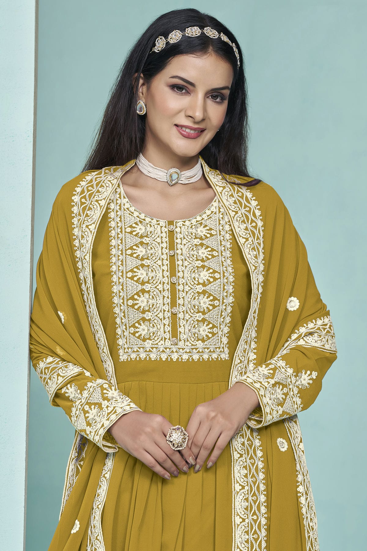 Mustard Colour Faux Georgette Palazzo Pant Suit VSSM1050560