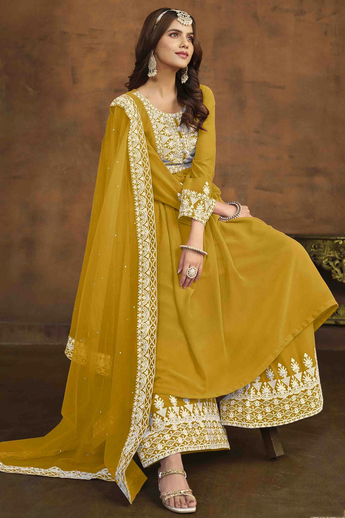Mustard Colour Faux Georgette Palazzo Pant Suit VSSM1050731