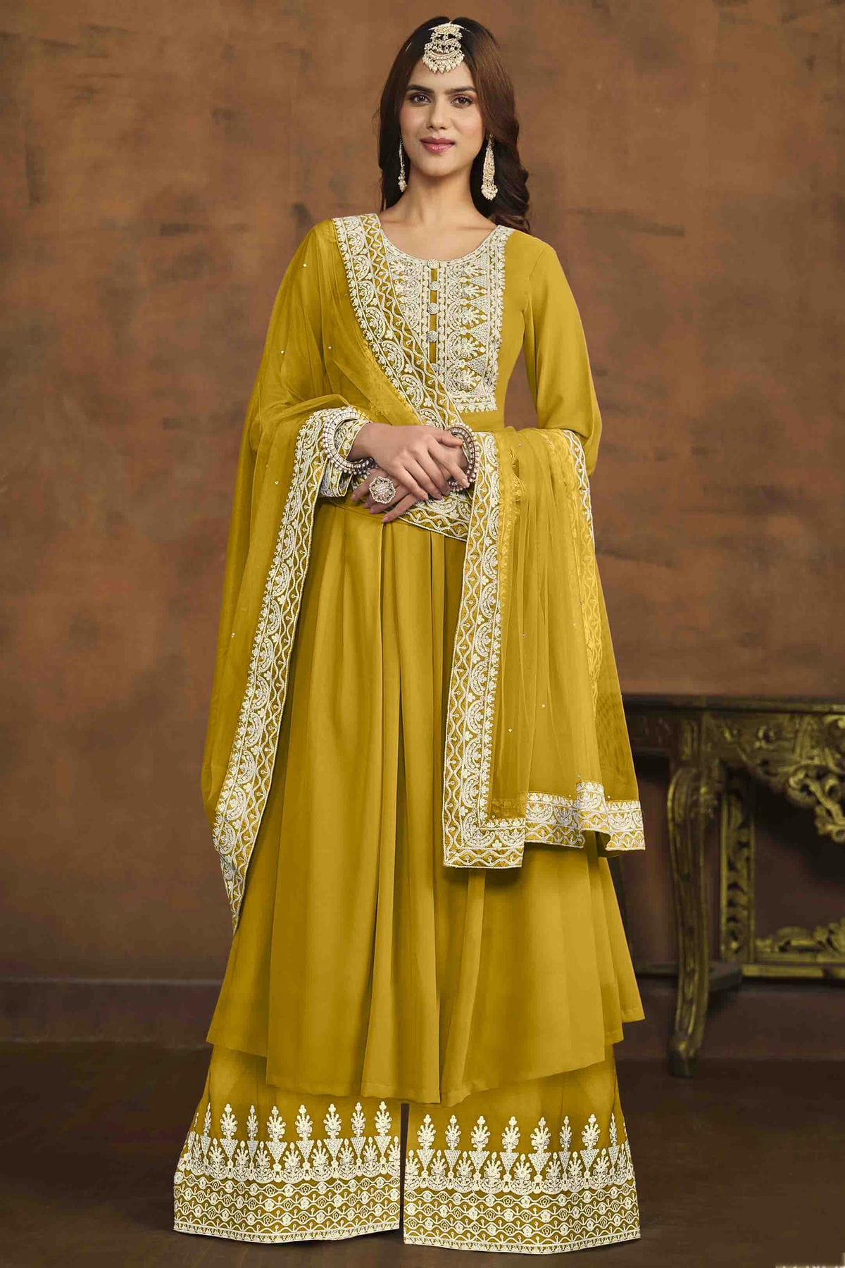 Mustard Colour Faux Georgette Palazzo Pant Suit VSSM1050731