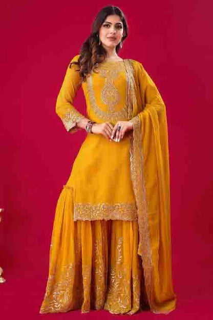 Mustard Colour Faux Georgette Stitched Sharara Suit VSSS1140947