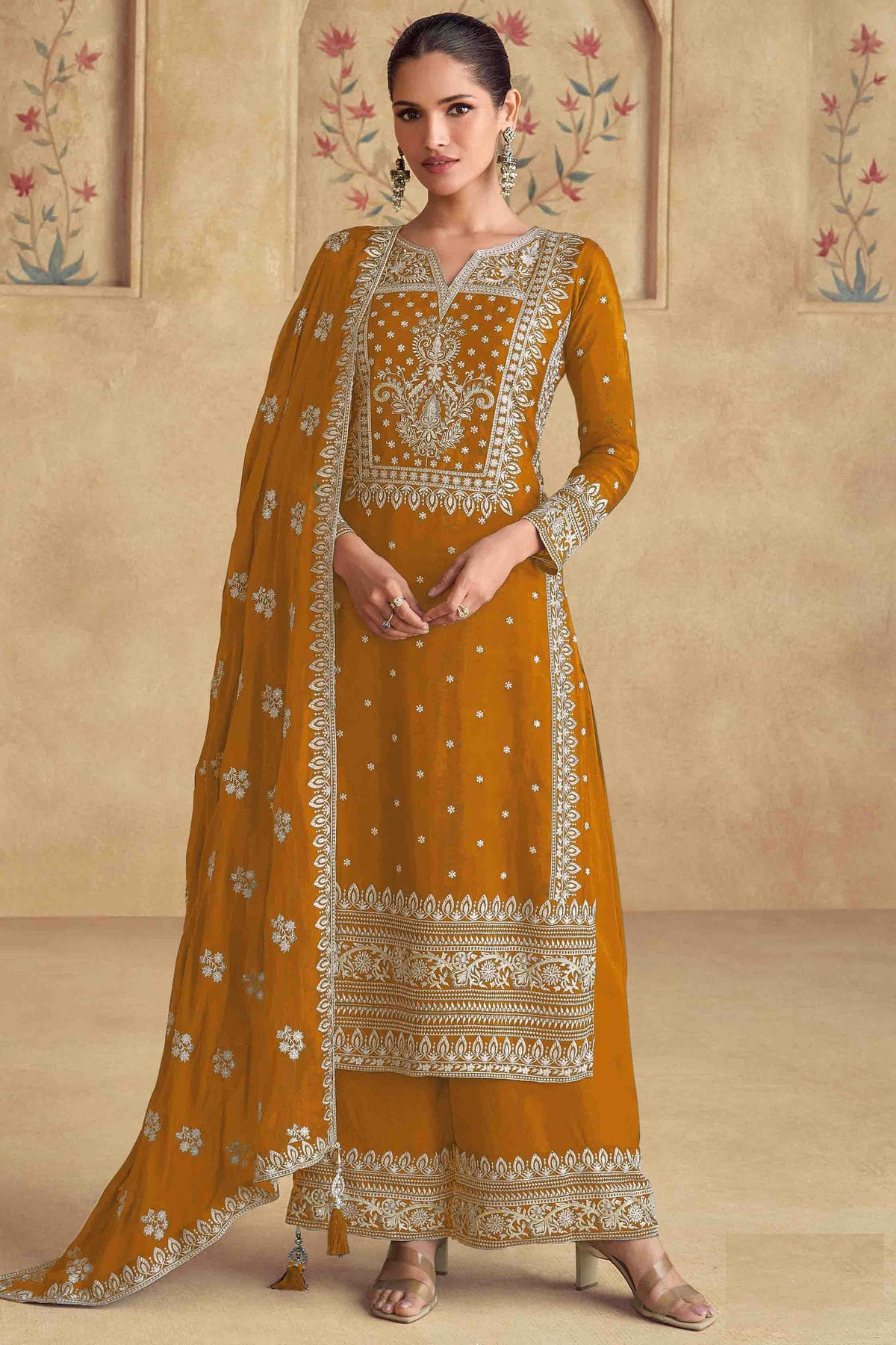 Mustard Colour Georgette Palazzo Pant Suit VSSM1112957