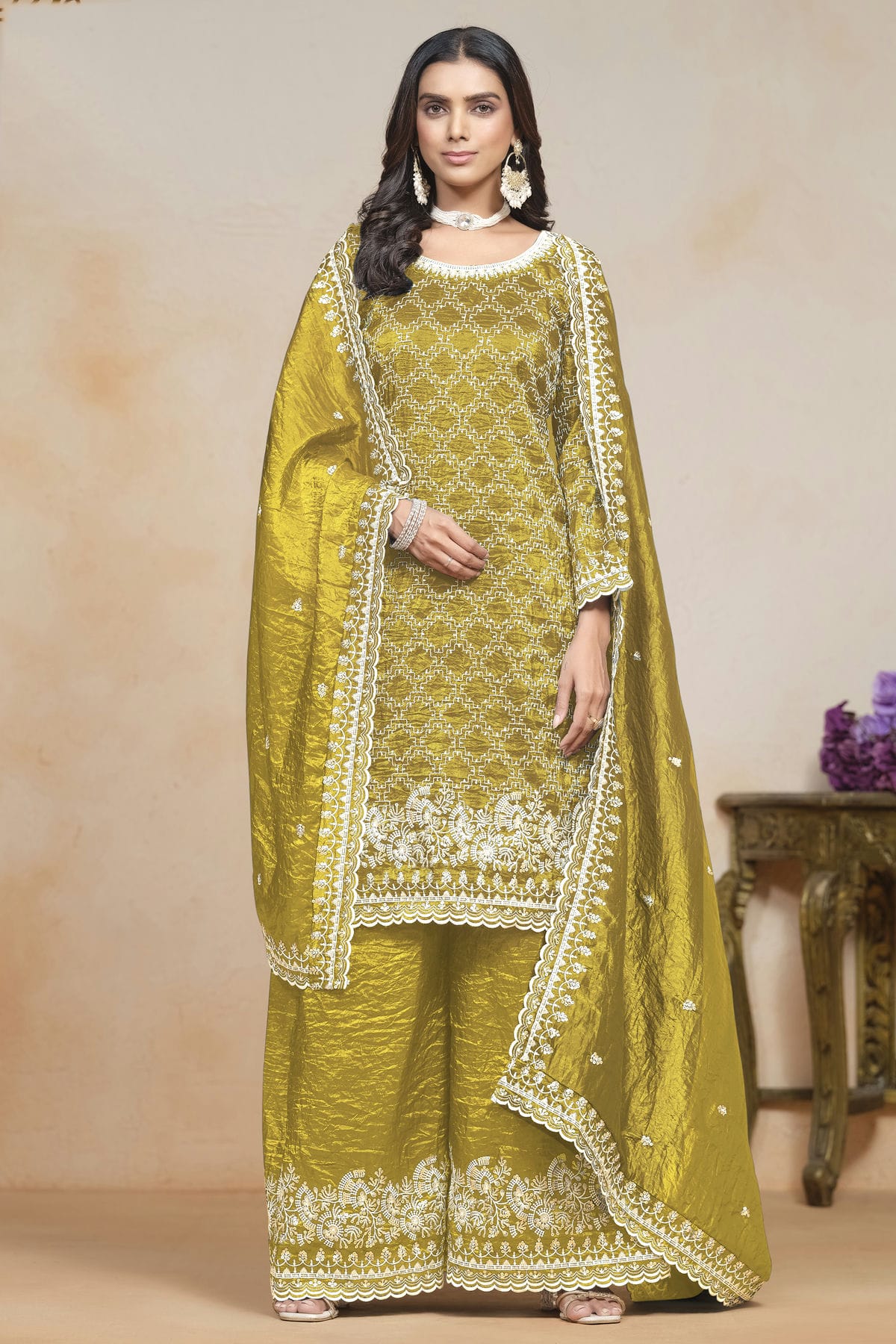 Mustard Colour Gold Crush Semi Stitched Palazzo Pant Suit VSSM1050613