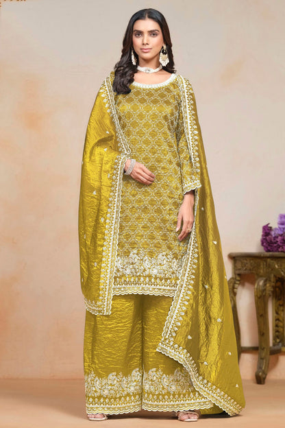 Mustard Colour Gold Crush Semi Stitched Palazzo Pant Suit VSSM1050613