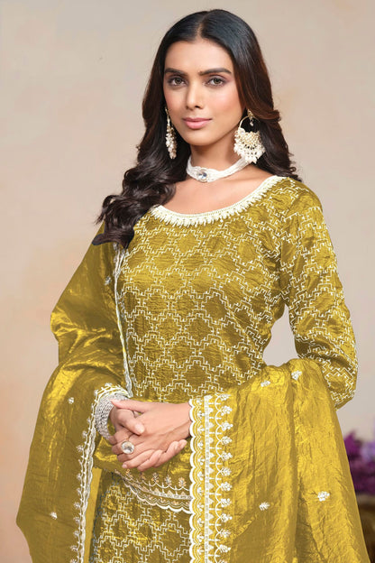 Mustard Colour Gold Crush Semi Stitched Palazzo Pant Suit VSSM1050613