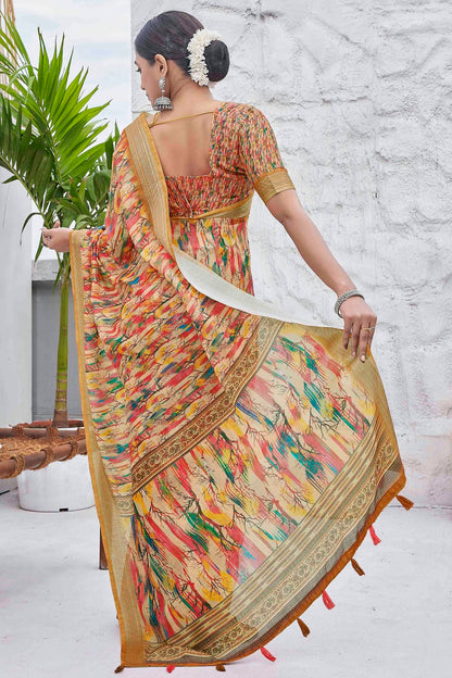 Mustard Colour Linen Blend Printed Saree VSSD1111636