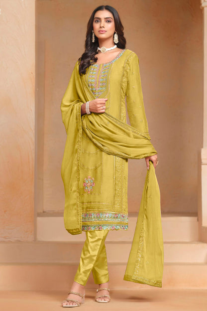 Mustard Colour Organza Chiffon Semi Stitched Pant Style Suit VSSM1050609