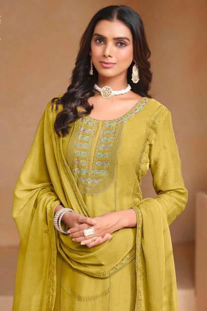 Mustard Colour Organza Chiffon Semi Stitched Pant Style Suit VSSM1050609