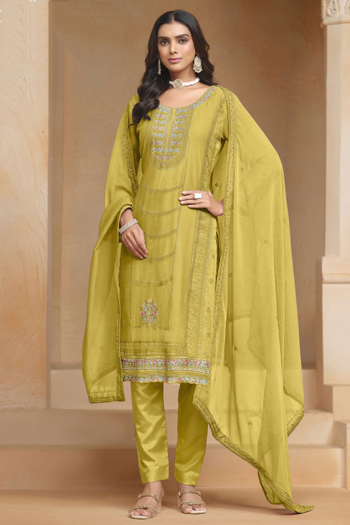 Mustard Colour Organza Chiffon Semi Stitched Pant Style Suit