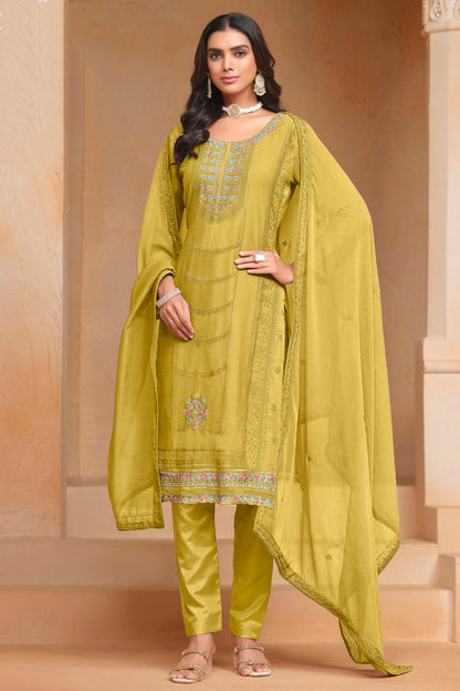 Mustard Colour Organza Chiffon Semi Stitched Pant Style Suit