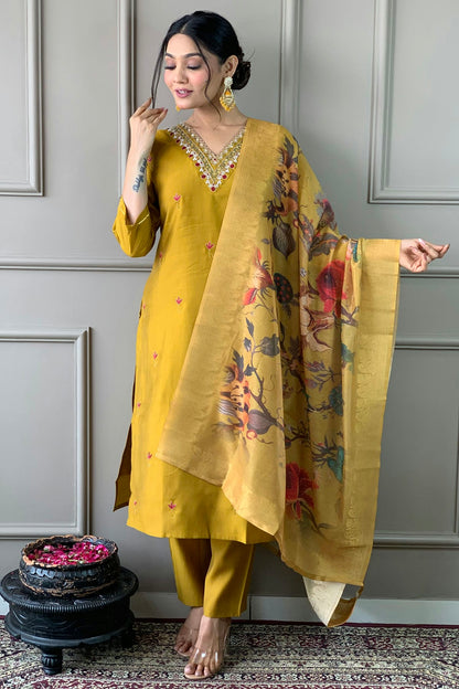 Mustard Colour PV Chanderi Stitched Salwar Suit