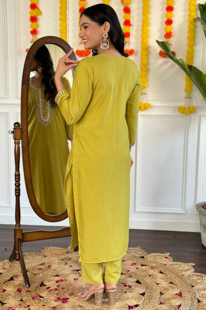 Mustard Colour Rayon Slub Stitched Salwar Suit