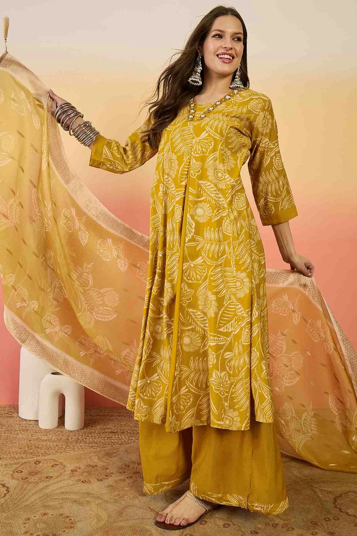 Mustard Colour Roman Silk Stitched Palazzo Pant Suit VSSS1113930