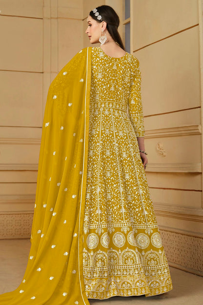 Mustard Colour Semi Stitched Faux Georgette Anarkali Suit VSSM1050461