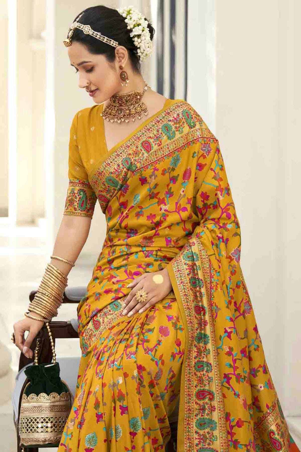 Mustard Colour Velvet Tussar Silk Floral Printed Traditional Sarees VSSD1113752