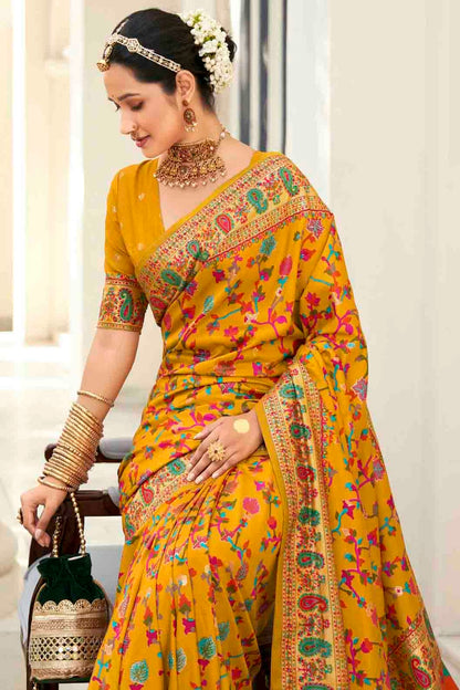 Mustard Colour Velvet Tussar Silk Floral Printed Traditional Sarees VSSD1113752