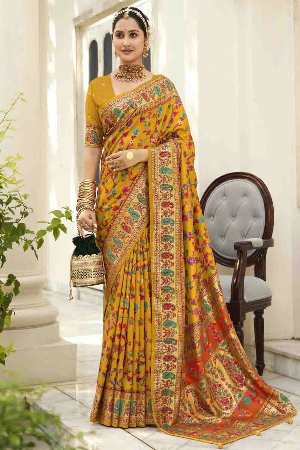Mustard Colour Velvet Tussar Silk Floral Printed Traditional Sarees VSSD1113752