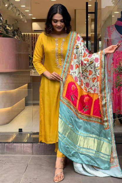 Mustard Colour Viscose Chanderi Stitched Salwar Suit