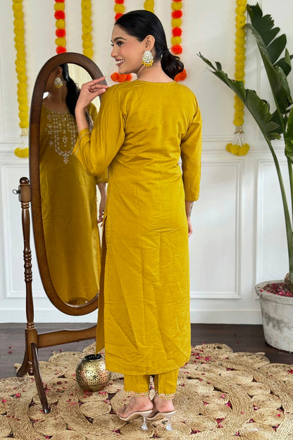 Mustard Colour Viscose Chanderi Stitched Salwar Suit