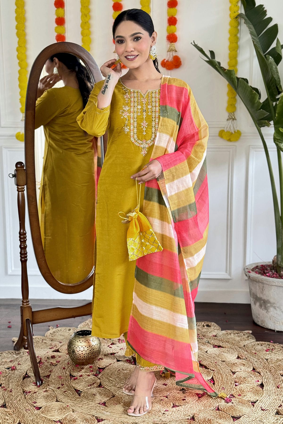 Mustard Colour Viscose Chanderi Stitched Salwar Suit