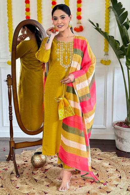 Mustard Colour Viscose Chanderi Stitched Salwar Suit
