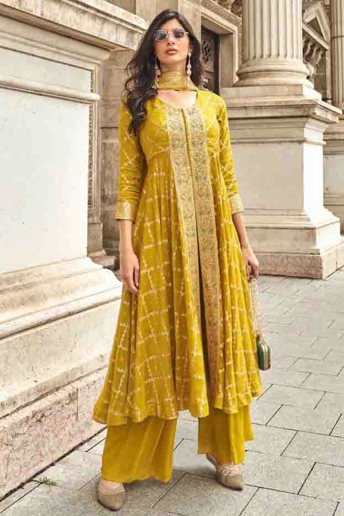 Mustard Colour Viscose Muslin Jacquard Palazzo Pant Suit VSSM1140848