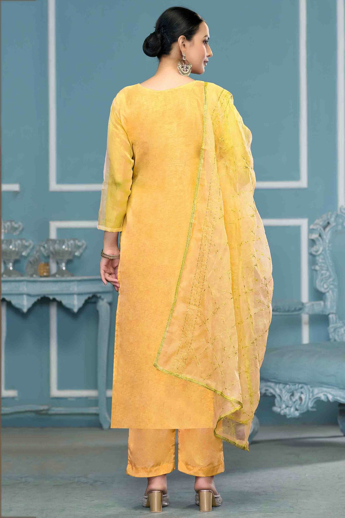 Mustard Colour Viscose Organza Pant Style Suit VSSM1113229