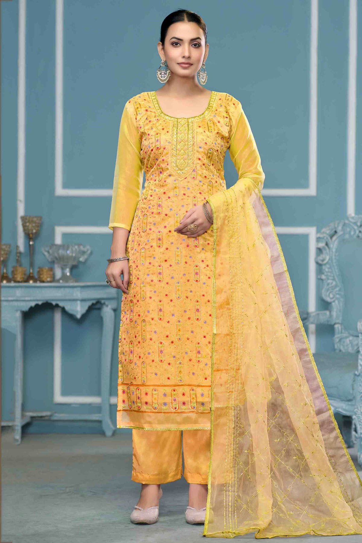Mustard Colour Viscose Organza Pant Style Suit VSSM1113229