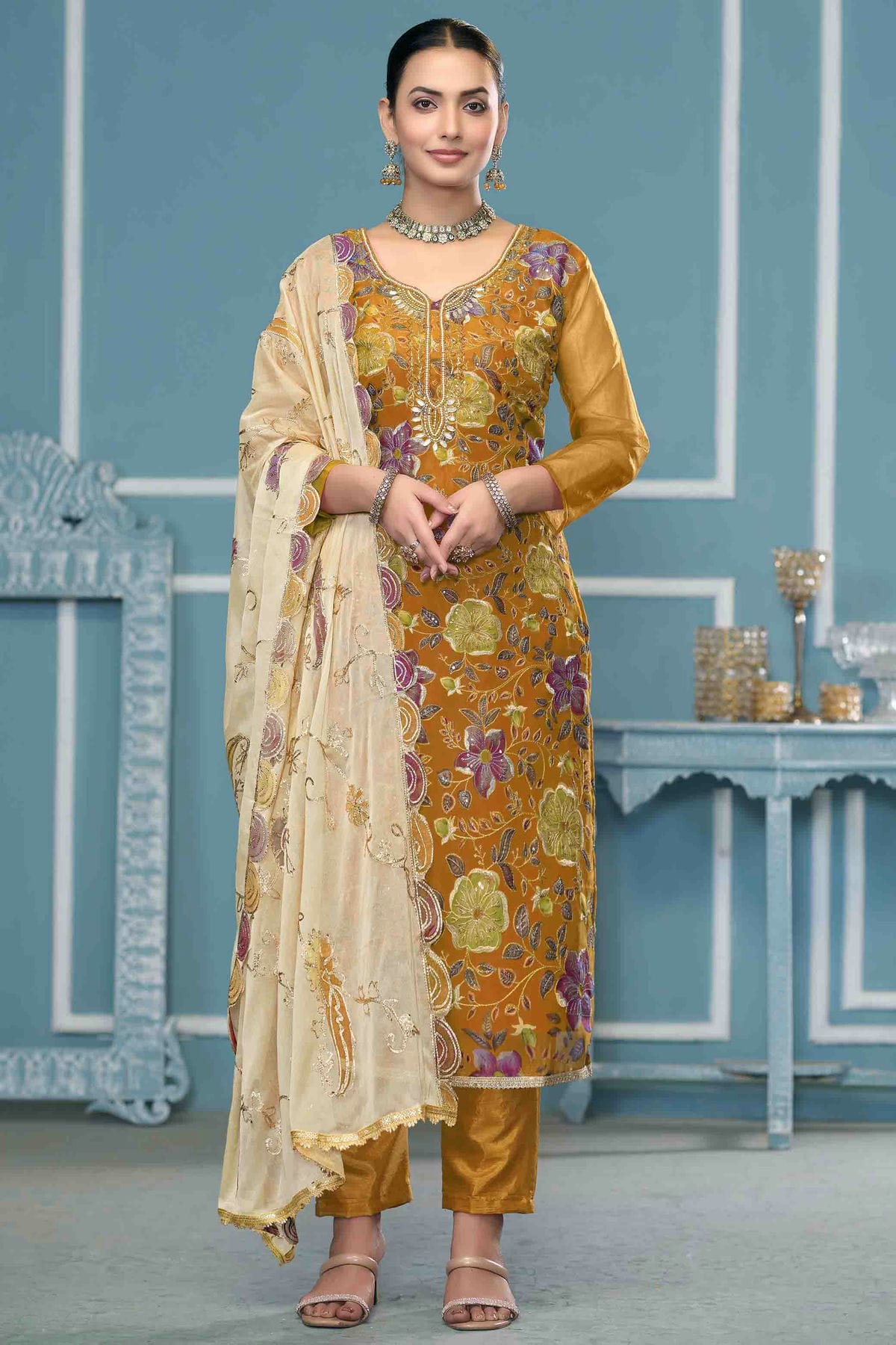 Mustard Colour Viscose Organza Pant Style Suit VSSM1113264