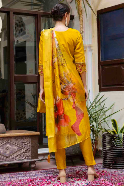Mustard Colour Viscose Roman Silk Embroidery Pant Style Suit VSSS1113654