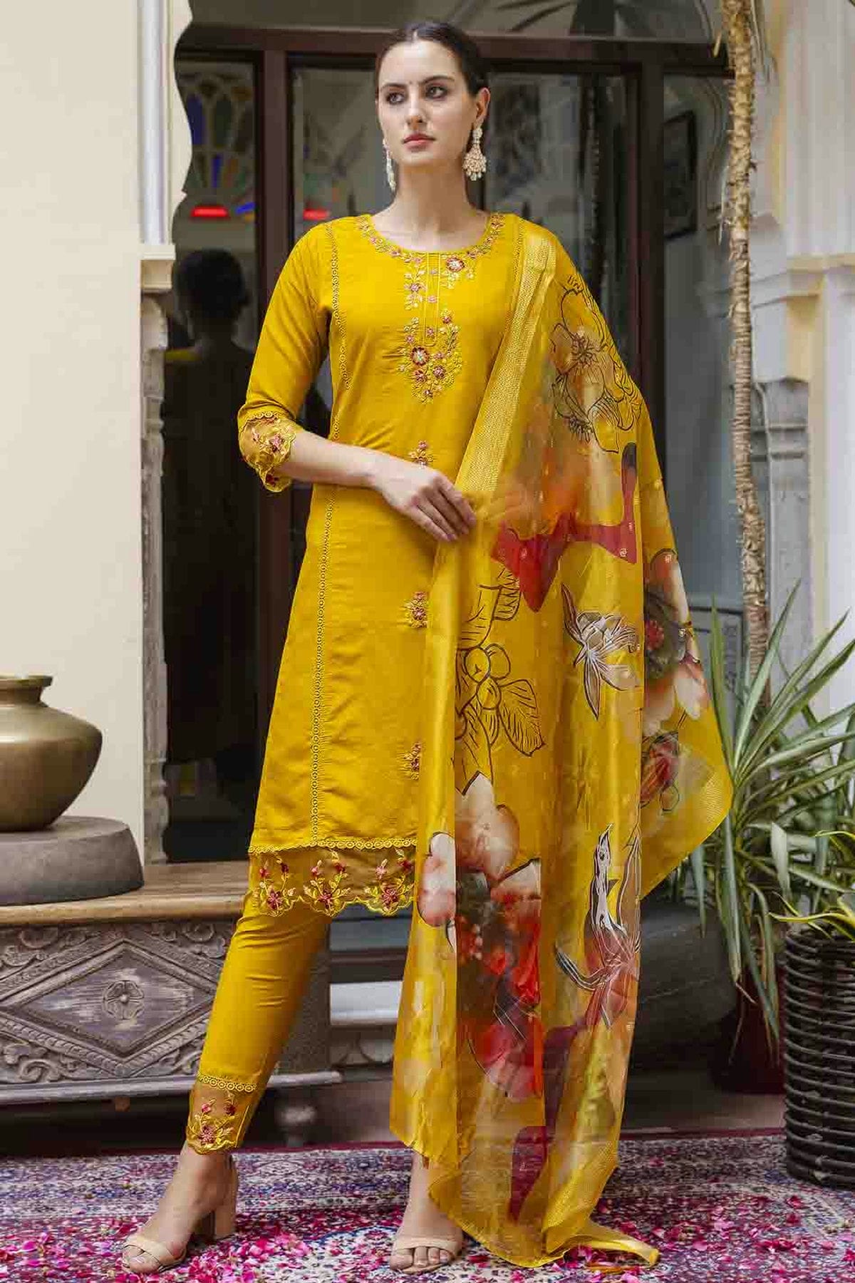 Mustard Colour Viscose Roman Silk Embroidery Pant Style Suit VSSS1113654