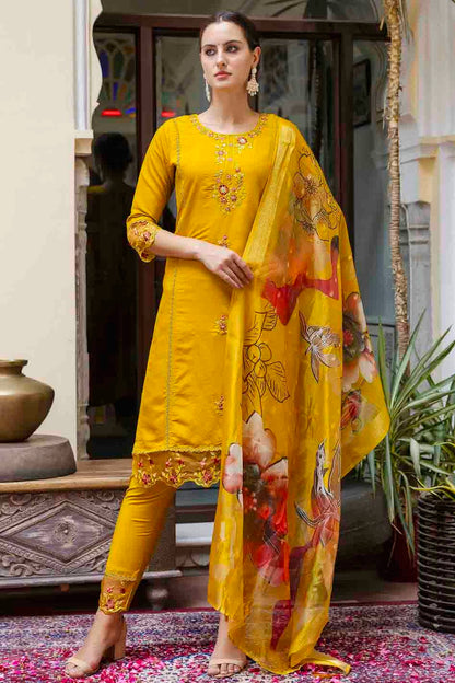 Mustard Colour Viscose Roman Silk Embroidery Pant Style Suit VSSS1113654