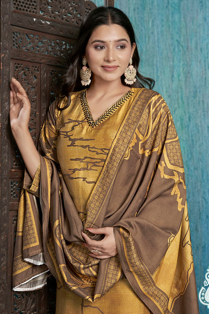 Mustard Colour Viscose Silk Stitched Suit
