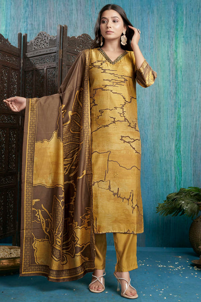 Mustard Colour Viscose Silk Stitched Suit