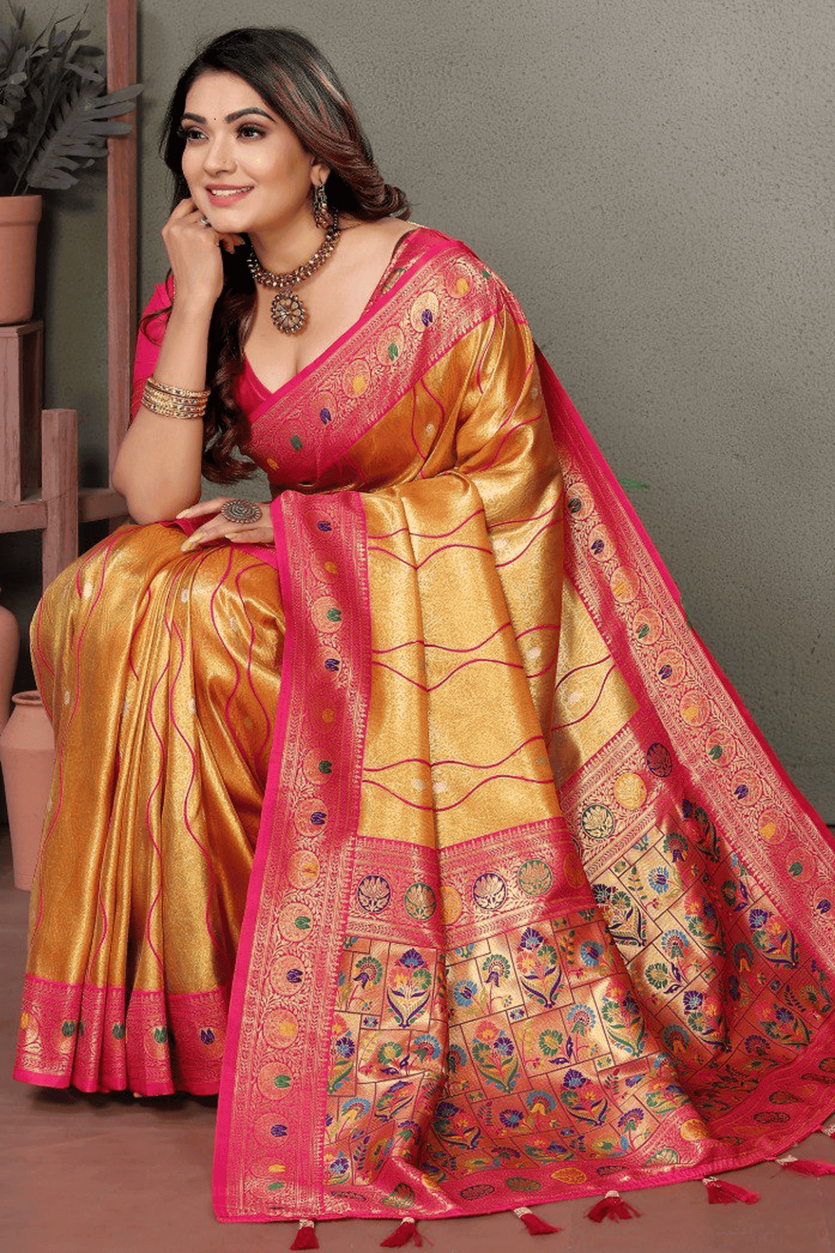 Mustard Colour Woven Work Pure Banarasi Tissue Silk Traditional Saree