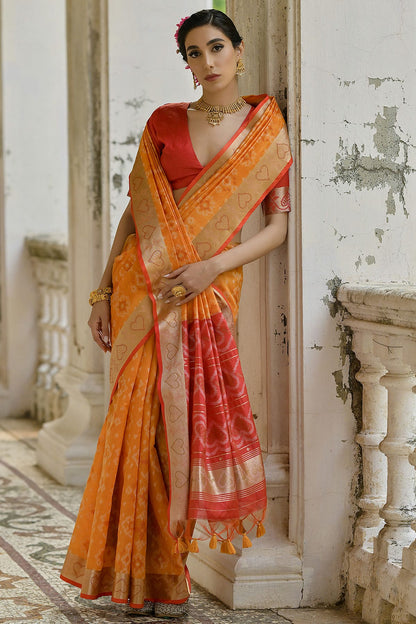 Mustard Colour Woven Work Raw Silk Saree