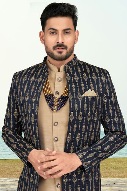 Navy Blue Colour Banarasi Silk Sherwani VSSH1040523
