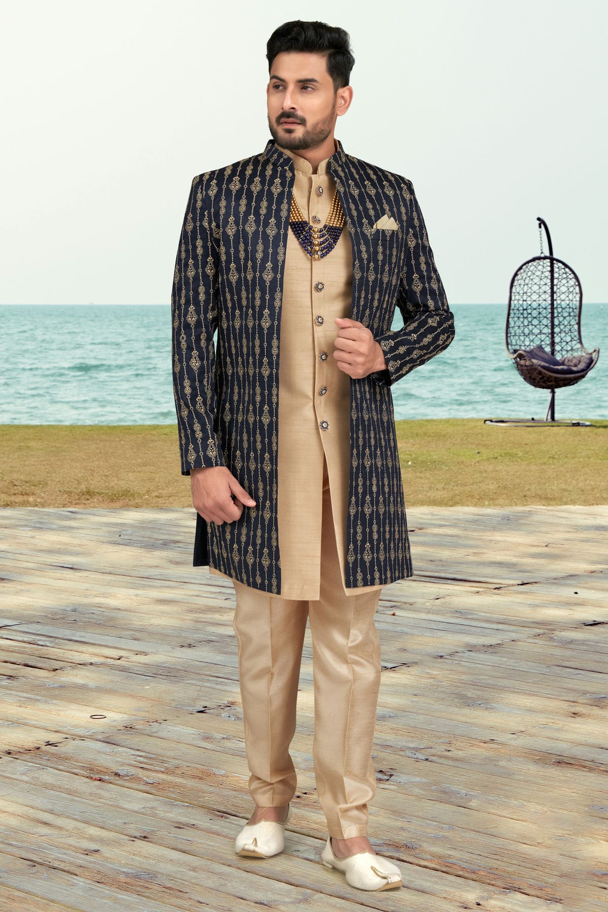 Navy Blue Colour Banarasi Silk Sherwani VSSH1040523