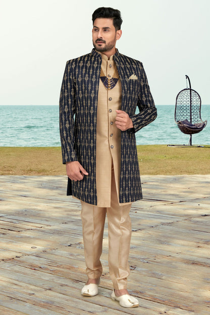 Navy Blue Colour Banarasi Silk Sherwani VSSH1040523