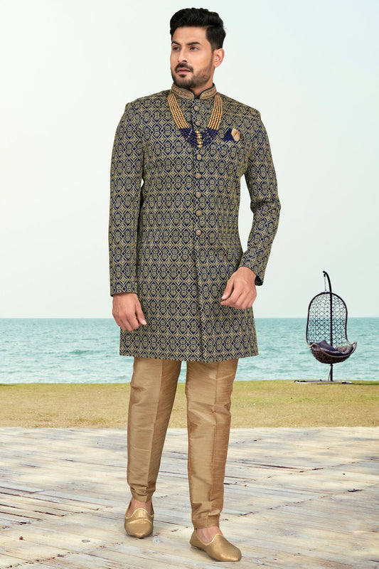 Navy Blue Colour Banarasi Silk Sherwani VSSH1040531