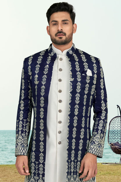 Navy Blue Colour Banarasi Silk Sherwani VSSH1040539