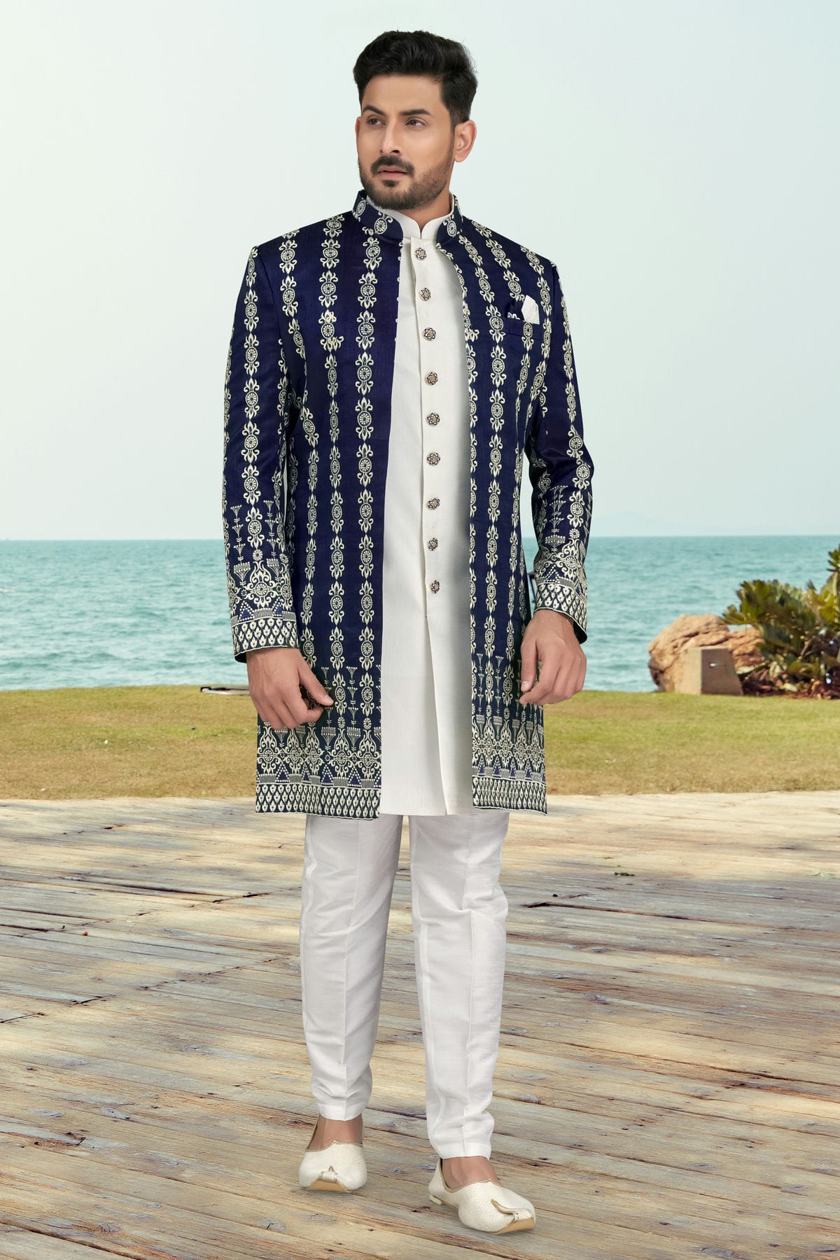 Navy Blue Colour Banarasi Silk Sherwani VSSH1040539